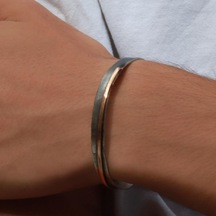 Otantik El İşi Sade Rose Gold Çizgili Kelepçe Gümüş