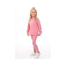 Toontoy Kids Toontoy Kız Çocuk 2'li Takım Baskılı Bisiklet Yaka Düşük Omuz Cepli Sweatshirt & Basic Düz Tayt Gül Kurusu