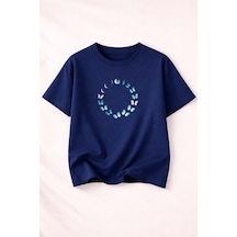 Herkesemoda Kelebek Döngüsü Baskı Detaylı Kadın Bisiklet Yaka Pamuklu T-shirt Lacivert