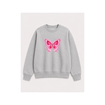 Herkesemoda Kelebek Baskı Detaylı Şardonlu 2 İplik Bisiklet Yaka Sweatshirt Gri