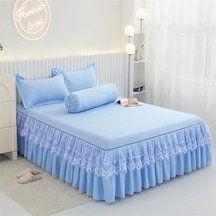 Mavi 3 Adet Dantel Yatak Örtüsü Yatak Etek Yatak Yatak Örtüsü Yastık Kılıfı Seti Fırçalanmış Mikrofiber Fırfır Yatak Etek 200 220cm