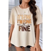 Unisex Fine Baskılı Kısa Kol T-shirt Bej