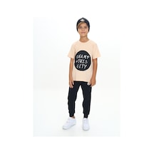 Toontoy Kids Toontoy Erkek Çocuk 2'li Takım Baskılı Bisiklet Yaka Kısa Kollu T-shirt & Beli Paçası Lastikli Cepli Jogger Eşofman Altı - Renk Bloklu & 2 İplik Bej