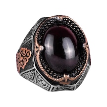 Gerçek Doğal Cabochon Granat Taşlı Yüzük - Derin 925k Katı Gümüş Erkek Yüzüğü Gümüş