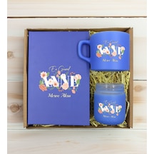 Bk Gift Kişiye Özel İsimli Dtf Anne Temalı Mavi Defter & Kahve Fincanı & Mum Hediye Seti-4, Anneye Hediye, Anneler Günü Hediyesi Kobitmeyencom30792 Bk