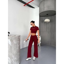 Tarzyeri Kadın Osy Modal Yumuşak Dokulu Kumaş Kısa Kollu Crop Alt İspanyol Paça Pantolon İkili Takım - Bordo Beyaz