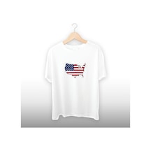 Amerika Bayrağı Detaylı Unisex Tişört Beyaz