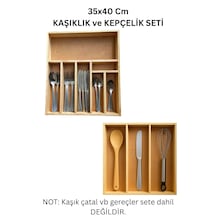 35x40 Cm Çok Bölmeli Ahşap Kaşıklık Ve Kepçelik Seti - Çekmece Düzenleyici- Ahşap Organizer