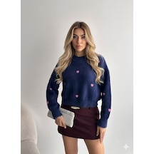 Ribana Classic Kadın Uzun Kollu Pembe Kalp Detaylı Standart Beden Triko Yumoş Kazak 4603 Lacivert