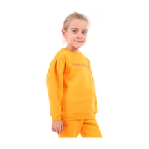 Toontoy Kız Çocuk Oversize Bisiklet Yaka Büzgülü Balon Kollu Baskılı Sweatshirt - 3 İplik Şardonlu Turuncu