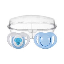 Mamajoo Ortodontik Emzik Seti 6 Ay+ Mavi & Fil 2'li Silikon - Damaklı Sterilizasyon + Saklama Kabı