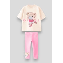 Lolliboomkids Kız Çocuk Sevimli Balerin Pembe Ayıcık T-shirt Ve Tayt Takım 3d Kabartma Aplike Nakış Baskılı Çok Renkli