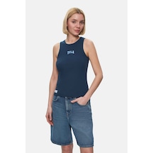 Salınas Lacivert Sıfır Kol Nakışlı Standard Fit Kadın Tshirt Lacivert