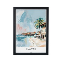 Hawaii Beachfront Usa Travel Poster Ahşap Çerçeveli Dekoratif Duvar Tablosu Siyah
