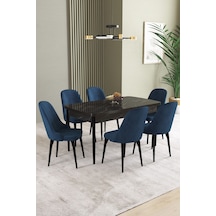 Ikon Siyah Mermer 80x132 Açılabilir Mdf Masa Yemek Odası Takımı, Mutfak Takımı 6 Adet Sandalye Lacivert