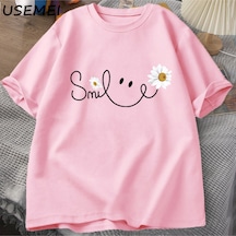 Flood Of Style Papatya Gülümseme Yüz T Shirt Yaz Çiçek Baskılı Tişört Kadın Erkek Pamuk Kısa Kollu Tshirt Bo Pembe