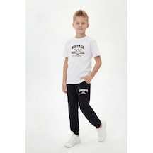 Panios Kids Yuvarlak Yaka Tişörtlü Uzun Eşofman Altlı Baskı Detaylı Erkek Çocuk Alt Üst Takım Beyaz