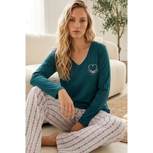 Siyah İnci Nakışlı Pamuklu Likralı Örme Pijama Takım26240325 Yeşil