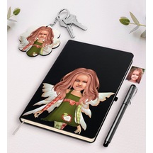 Kişiye Özel Kız Çocuk Peri Karikatürlü Siyah Defter Kalem Ve Anah