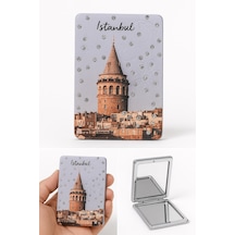 İstanbul Galata Kulesi Temalı Simli Büyüteçli Pratik Mini Cep Çanta Makyaj Aynası Çok Renkli