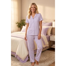 Lila-beyaz Çizgili Gömlek Yaka Pijama Takımı 4629-lila Kadın Kısa Kollu Düğmeli Uzun Alt Pijama Takımı
