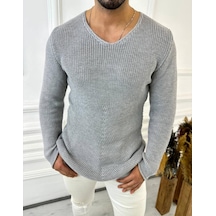 Kazak Naturel Örme Pamuk Tüylenmeyen Triko Kazak Gri