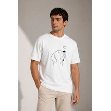 Vexor Erkek Köpek Figürlü Minimal Baskılı Tişört Kısa Kol Yazlık T-shirt - Beyaz Çok Renkli
