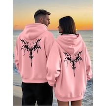 Nevermind Sevgili Çift Kombin Trend Baskılı Kapüşonlu Sweatshirt 2li Set Ta Pembe