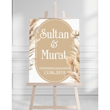 Söz Nişan Düğün İçin 50x70 Karşılama Panosu - Sşeftali Çiçek Desenli Beyaz