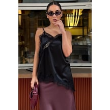Madmext Siyah Dantelli Asimetrik Kesim Saten Bluz Mg2694