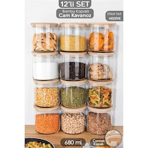 12'li Bambu Kapak Cam Saklama Kabı - Bakliyat Erzak Kavanozu Vakum Kapaklı Cam Kavanoz Seti 680 Ml Şeffaf