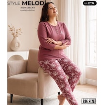 Melodi 17174 Uzun Kol %100 Pamuk Battal Büyük Beden Kadın Pijama Takımı GÜL KURUSU