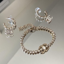 Zirkon Taşlı Gold Çelik Set Çok Renkli