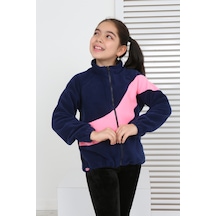 Toontoy Kız Çocuk Dik Yaka Fermuarlı Renk Bloklu Reglan Kol Polar Hırka - Beli Ayarlanabilir Lastikli Lacivert