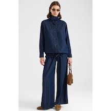 Olcay Büzgü Detaylı Soft Denim Ceket Pantolon İkili Takım Lacivert 9472-tk