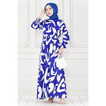 Sevitli Geometrik Desenli Elbise-saks Mavi-3894-saks Mavi Saks Mavisi