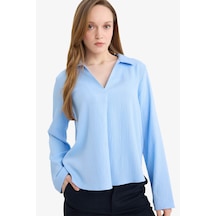 Defacto Relax Fit Gömlek Yaka Gofre Dokulu Uzun Kollu Bluz G9141ax26spbe316 Mavi-be316