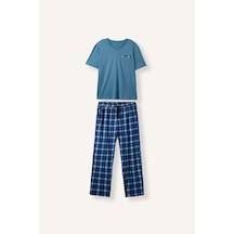 Defacto New Regular Fıt Kısa Kollu Üst Ekose Alt 2li Pijama Takımı H7441ax26aube485 Mavi-be485