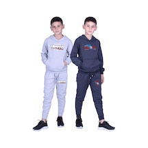 Fyk Kids Erkek Çocuk Baskılı Kanguru Cepli Kapüşonlu 2li Eşofman Takımı Gri - Füme