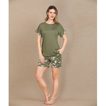 Ang Butik Kadın Şık Tasarım Çiçek Desenli Yeşil Şortlu Kısa Kol Viskon Pijama Takımı