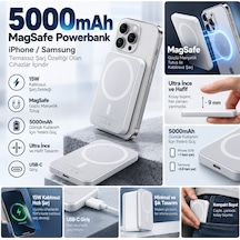 5000mah Magsafe Manyetik Kablosuz Powerbank 15w Hızlı Şarj Ultra İnce Usb-c İphone & Samsung Uyumlu Beyaz