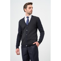 Koyu Lacivert Uzun Kol Kendinden Desenli Örme V Yaka Classic Comfort Fit Triko 1012245161 Koyu Lacivert