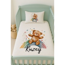 %100 Pamuk İsme Özel İsimli 100x150 Cm Pike Seti Gökkuşağı Ve Teddy