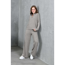 Park Karon Kadın Vizon Polo Yaka Oversize Kazak Pantolon Triko Alt-üst Takım 10955 Vizon