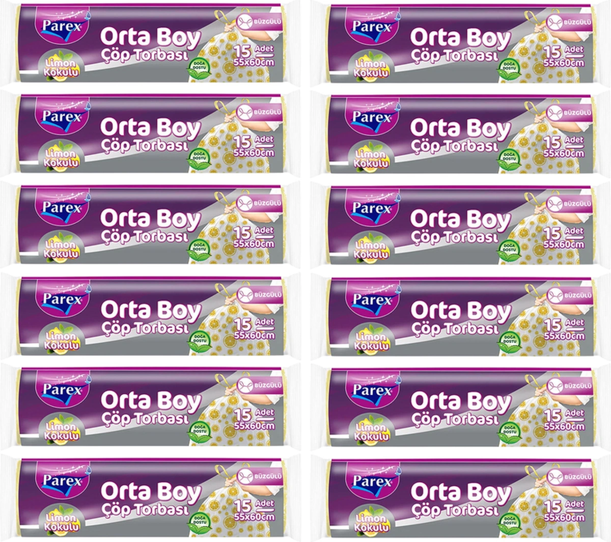 Premium Büzgülü Çöp Torbası Limon Kokulu 15'li Orta Boy 55 X 60 Cm Onikili Paket