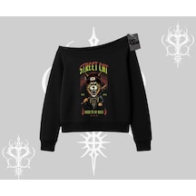 Street Cat Kedi Baskılı Kayık Yaka Sweatshirt Siyah