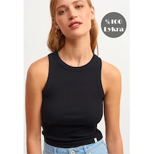 Refox Kadın Siyah Fitilli T-shirt Halter Yaka Örme Atlet