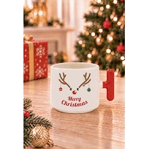 Mesela Yılbaşı Kupası Merry Christmas Desenli Kırmızı Kulplu Hediyelik Kahve T Kupa Bardak Beyaz