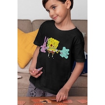Sevbano Unisex Sporcu Süngerbob Baskılı Çizgi Film Çocuk Tişört 1-12 Yaş Siyah