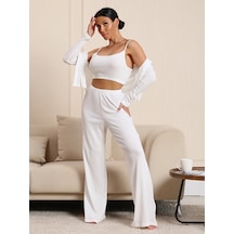 Sevılle Yılbaşı Üçlü Pijama Seti Evde Giymek İçin Büyük Bedenli Pantolonlu 446797801 Beyaz
